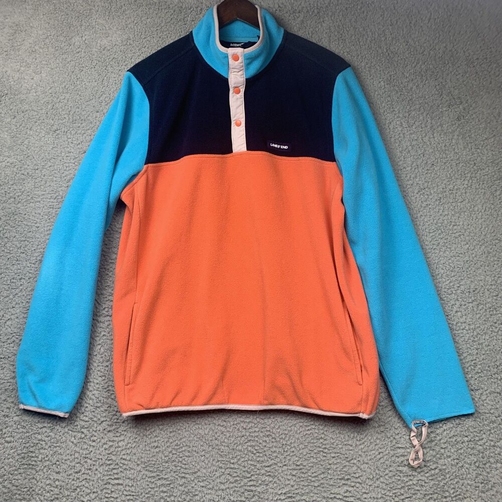 Lands' End Fleece Pullover Mens Large Tall Blue Orange Snap Neck Colorblock READ